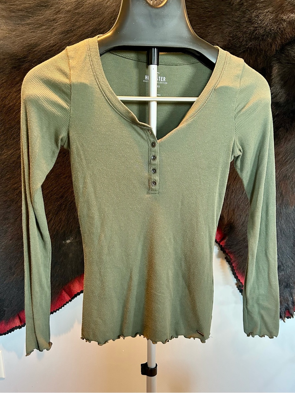 Hollister Olive Green Ribbed Henley Long Sleeve Top Sz XS